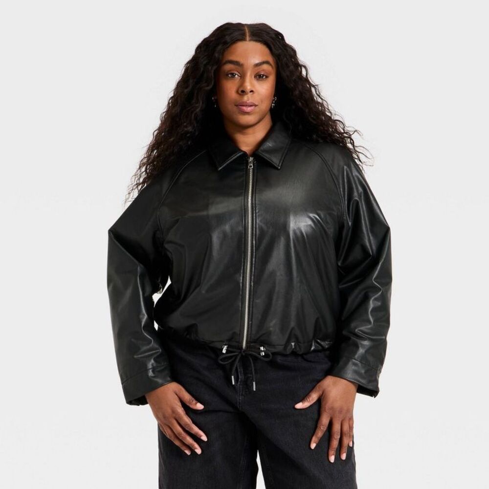 Women's Faux Leather Bubble Jacket - Universal Thread Black XXL